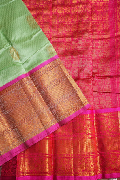 Mangalgiri Kuppadam Silk Cotton Pattu Saree - Pistachio & Pink