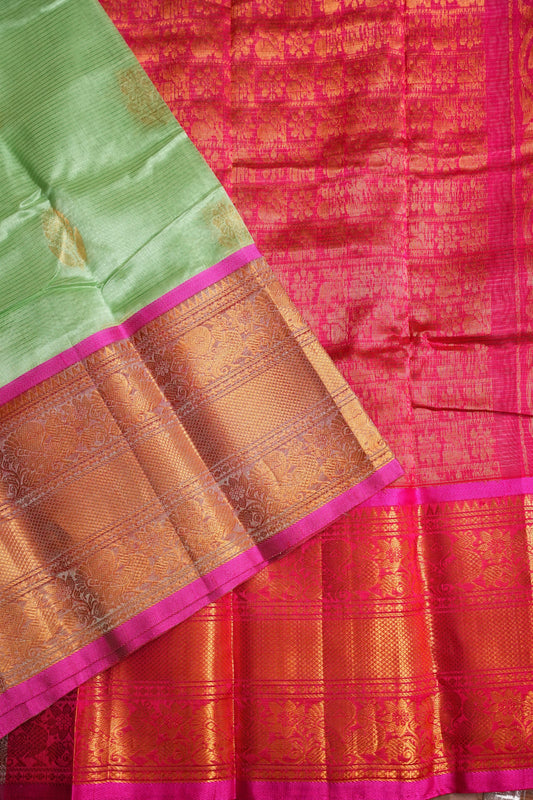 Mangalgiri Kuppadam Silk Cotton Pattu Saree - Pistachio & Pink