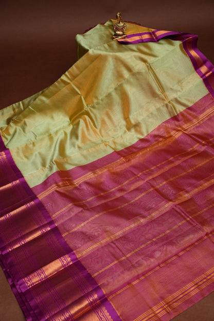 Tissue Silk Cotton Mangalgiri Kuppadam Pattu Saree - Champagne Gold and Pink