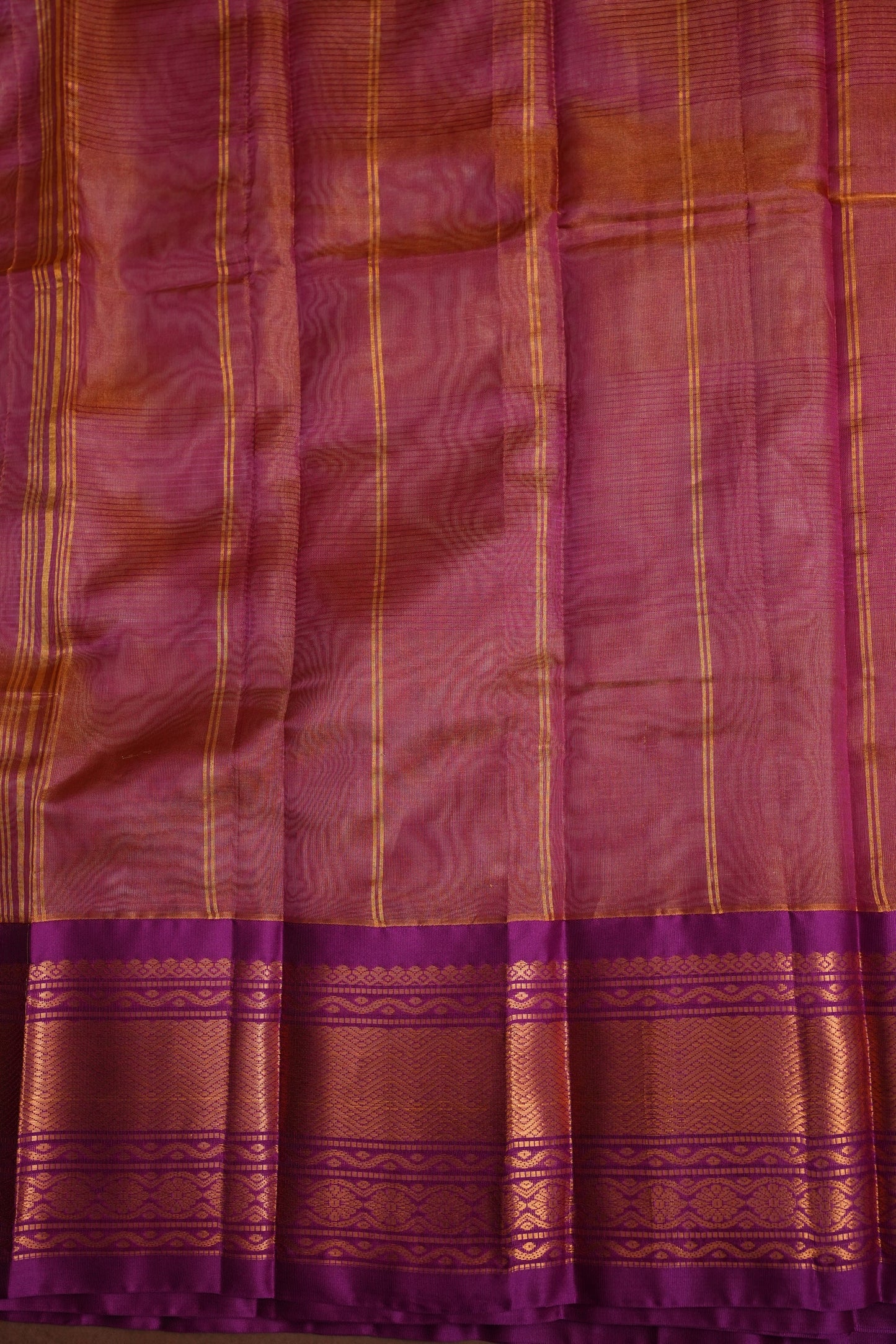 Tissue Silk Cotton Mangalgiri Kuppadam Pattu Saree - Champagne Gold and Pink