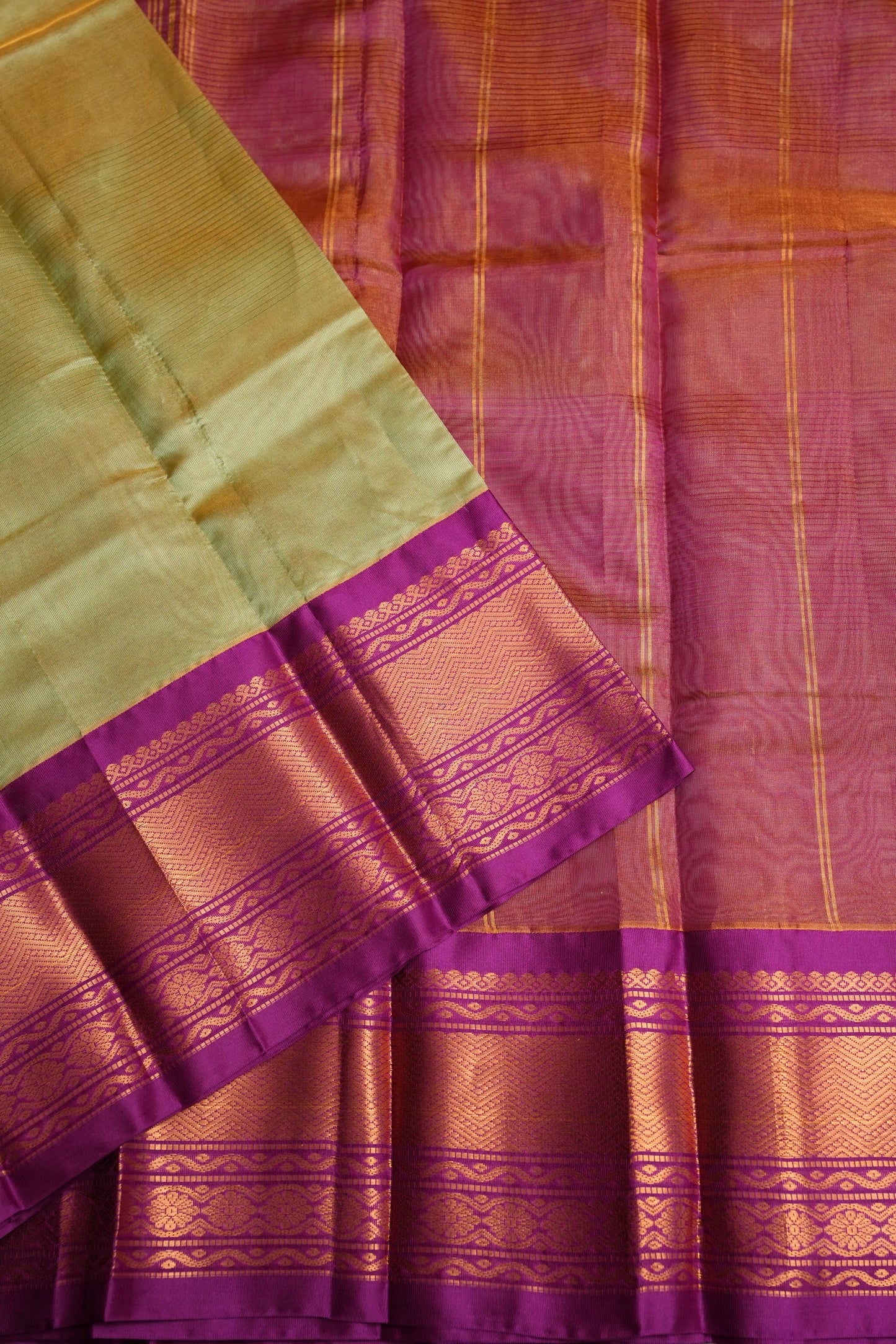Tissue Silk Cotton Mangalgiri Kuppadam Pattu Saree - Champagne Gold and Pink