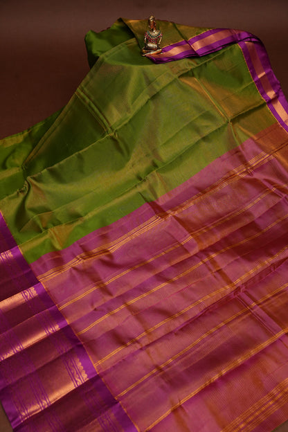 Tissue Silk Cotton Mangalgiri Kuppadam Pattu Saree - Parrot Green and Pink