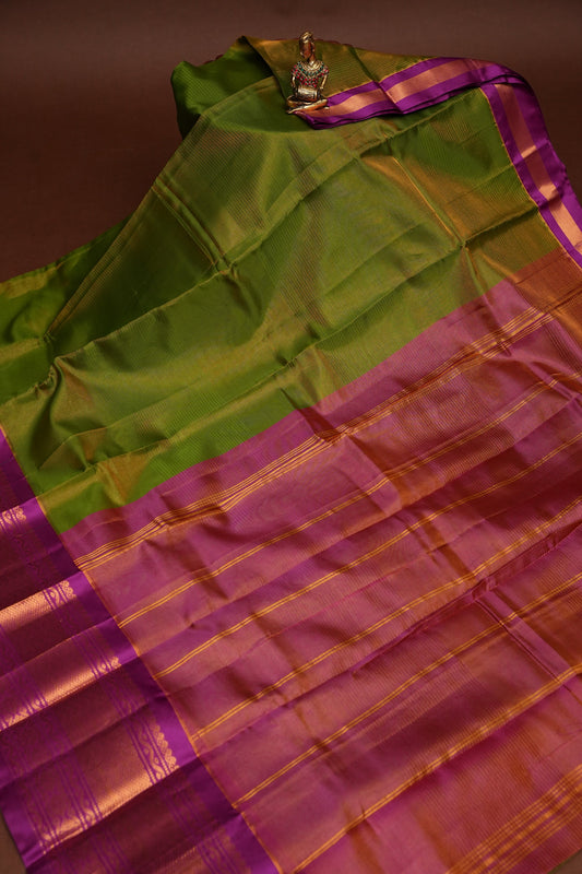 Tissue Silk Cotton Mangalgiri Kuppadam Pattu Saree - Parrot Green and Pink