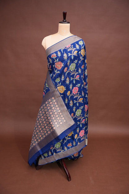 Tussar Banarasi Raw Silk Saree with Floral Paithani Weaves – Peacock Blue
