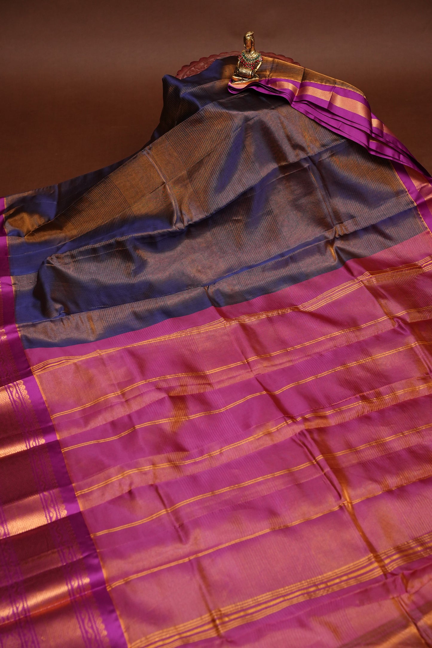 Tissue Silk Cotton Mangalgiri Kuppadam Pattu Saree - Navy Blue & Pink