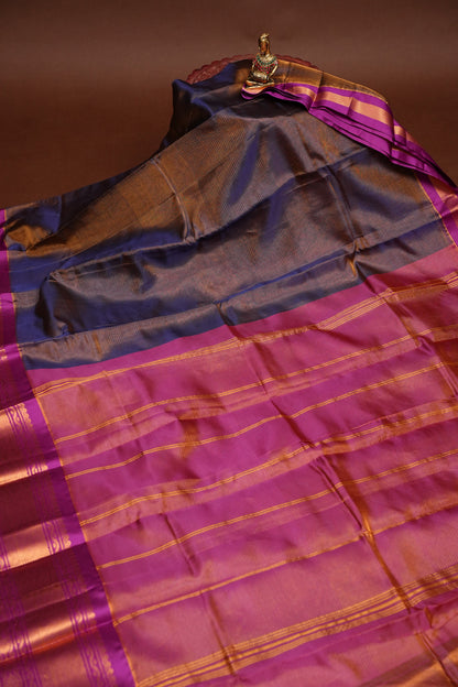 Tissue Silk Cotton Mangalgiri Kuppadam Pattu Saree - Navy Blue & Pink