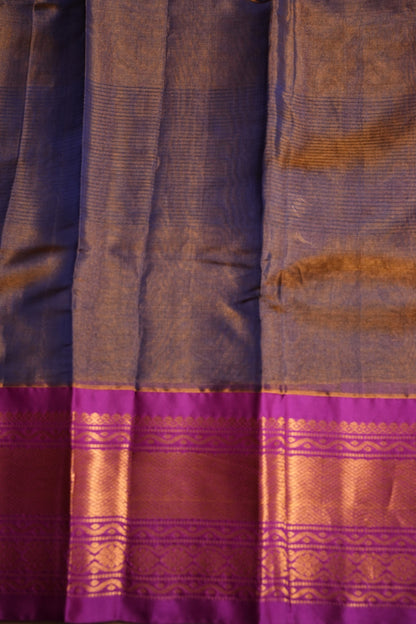Tissue Silk Cotton Mangalgiri Kuppadam Pattu Saree - Navy Blue & Pink