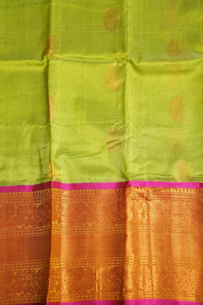 Mangalgiri Kuppadam Silk Cotton Pattu Saree - Parrot Green & Pink