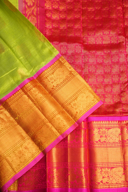 Mangalgiri Kuppadam Silk Cotton Pattu Saree - Parrot Green & Pink