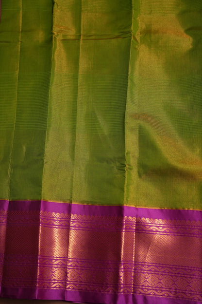 Tissue Silk Cotton Mangalgiri Kuppadam Pattu Saree - Parrot Green and Pink
