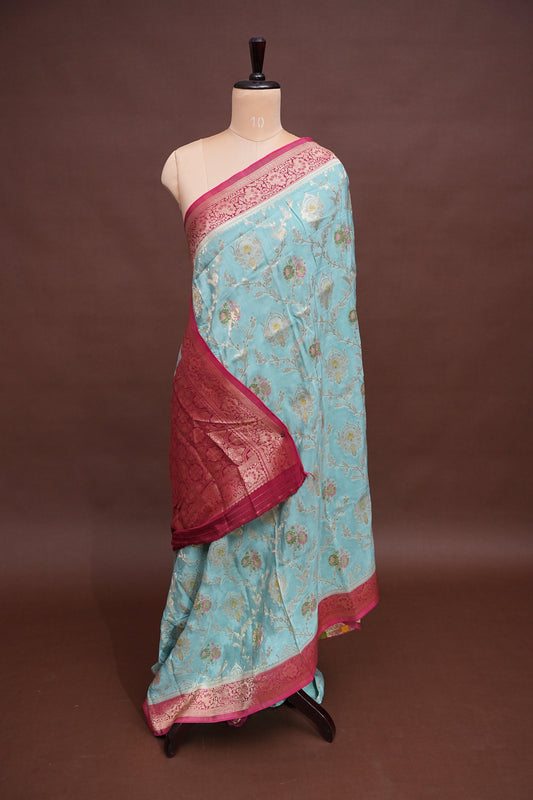 Banarasi Munga Silk Saree - Turquoise & Maroon