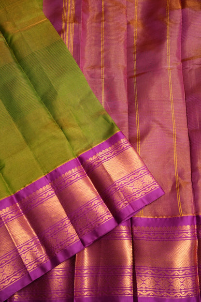 Tissue Silk Cotton Mangalgiri Kuppadam Pattu Saree - Parrot Green and Pink