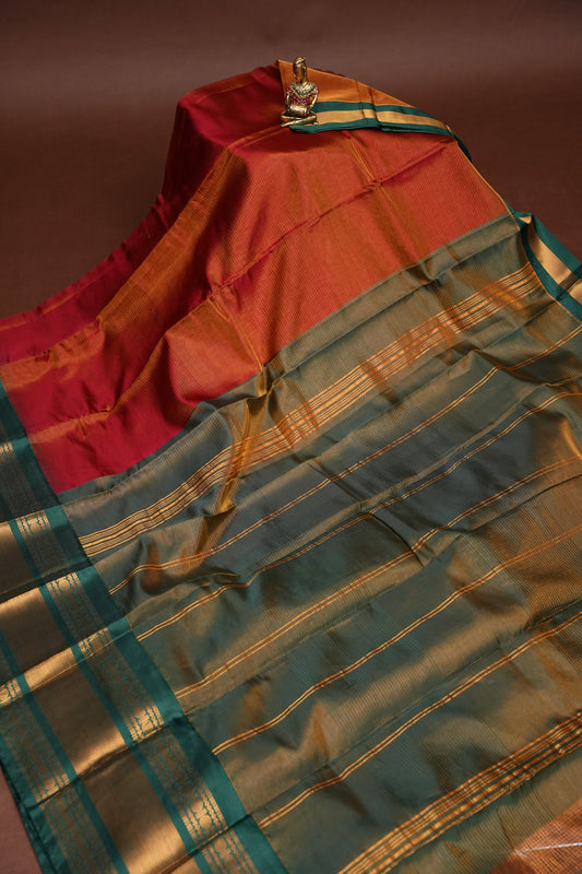 Tissue Silk Cotton Mangalgiri Kuppadam Pattu Saree - Rust Orange and Green