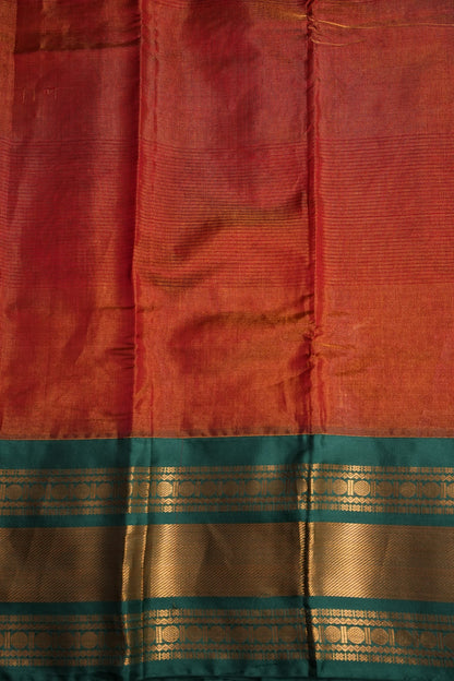 Tissue Silk Cotton Mangalgiri Kuppadam Pattu Saree - Rust Orange and Green