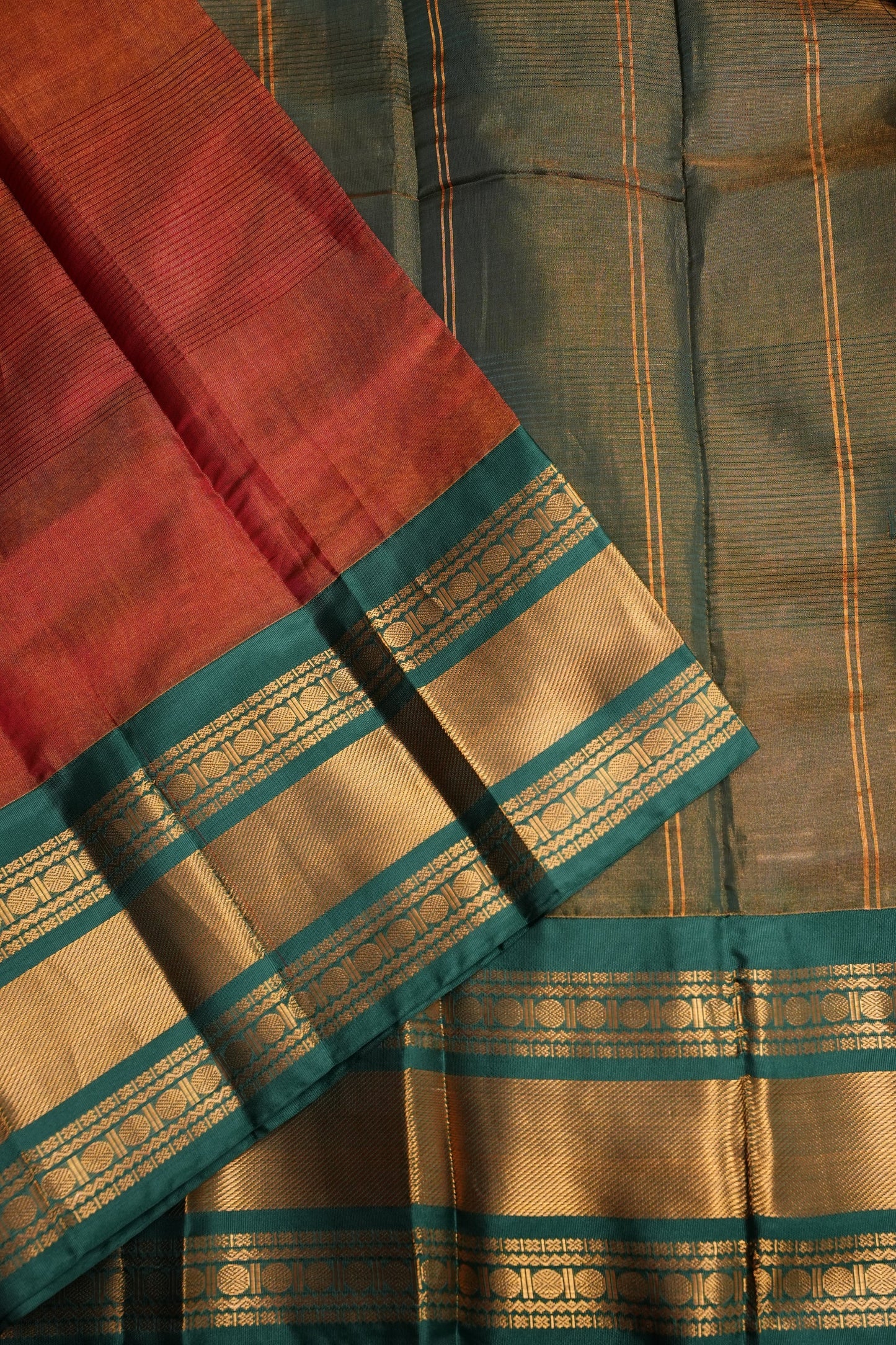 Tissue Silk Cotton Mangalgiri Kuppadam Pattu Saree - Rust Orange and Green