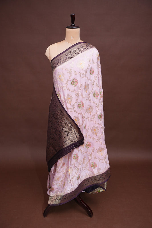 Banarasi Munga Silk Saree - Baby Pink & Deep Purple