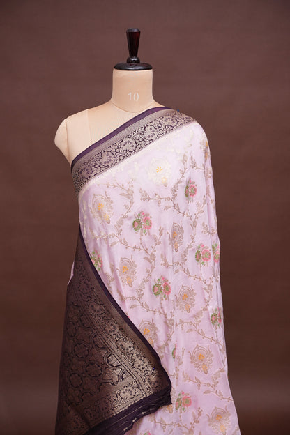 Banarasi Munga Silk Saree - Baby Pink & Deep Purple