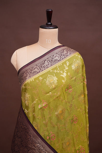 Banarasi Munga Silk Saree - Pistachio Green & Coffee