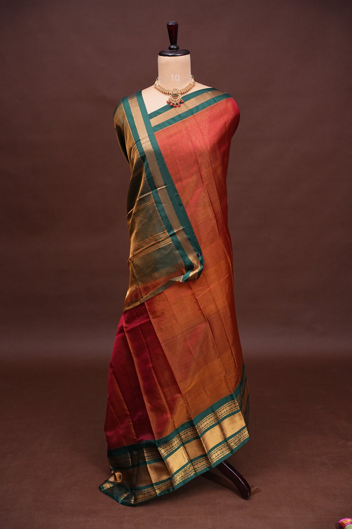 Tissue Silk Cotton Mangalgiri Kuppadam Pattu Saree - Rust Orange and Green