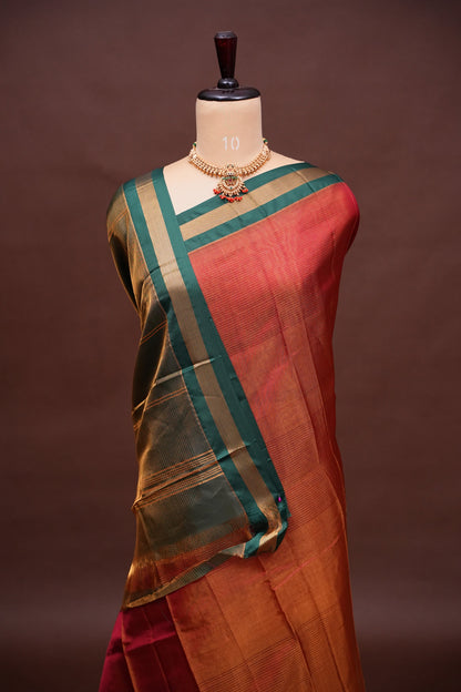 Tissue Silk Cotton Mangalgiri Kuppadam Pattu Saree - Rust Orange and Green