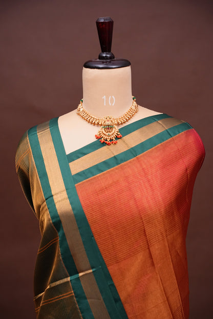 Tissue Silk Cotton Mangalgiri Kuppadam Pattu Saree - Rust Orange and Green