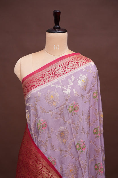 Banarasi Munga Silk Saree - Ice Lilac Lavender & Maroon