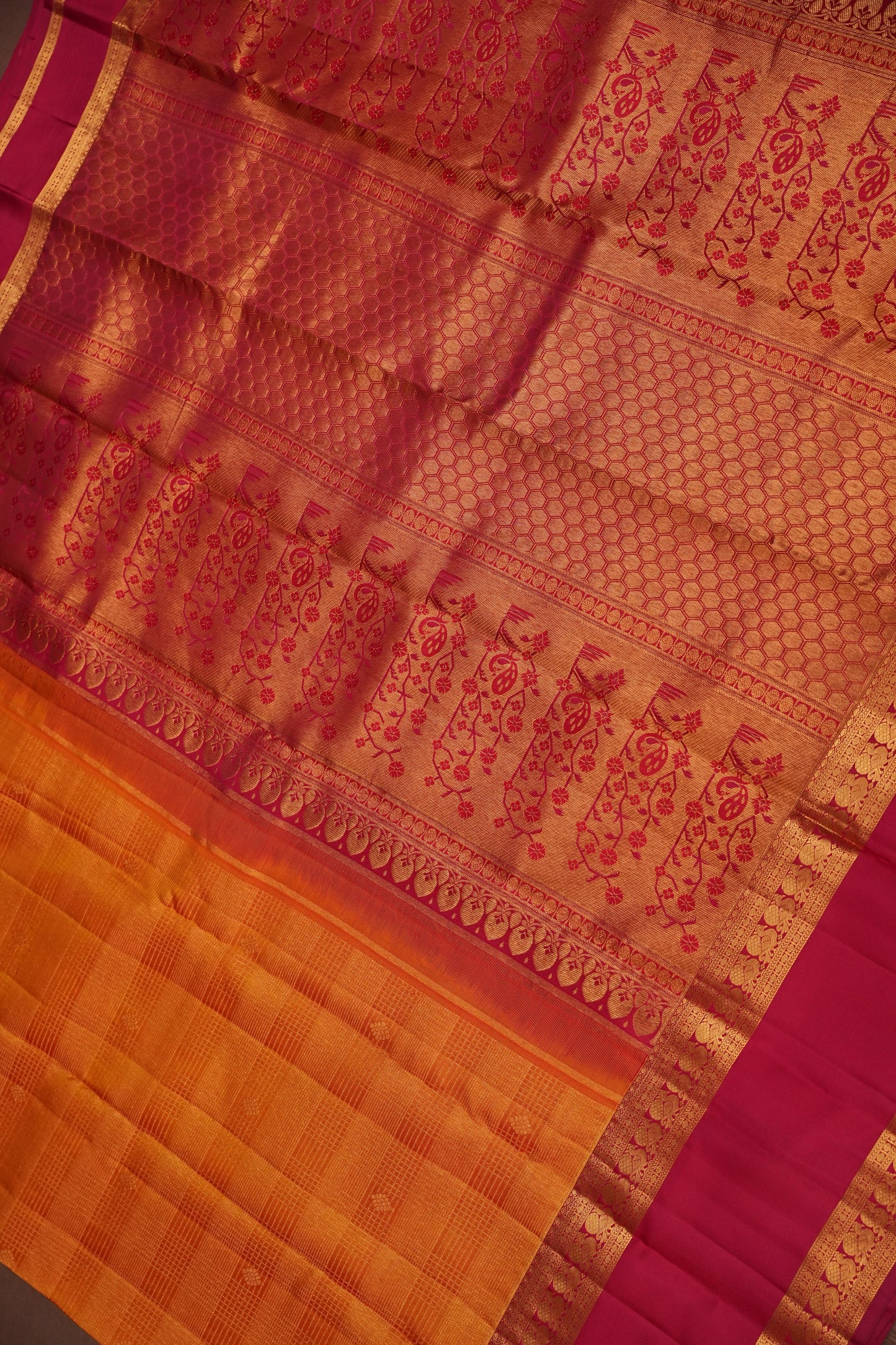 Mustard Gold & Deep Red Pure Kanchipuram Silk Saree | Silk Mark Certified