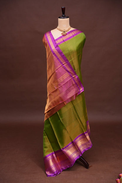 Tissue Silk Cotton Mangalgiri Kuppadam Pattu Saree - Parrot Green and Pink