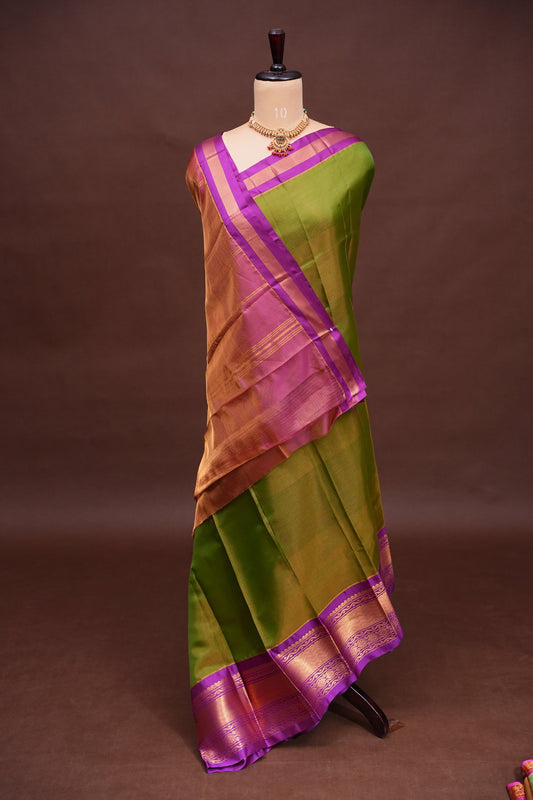 Tissue Silk Cotton Mangalgiri Kuppadam Pattu Saree - Parrot Green and Pink