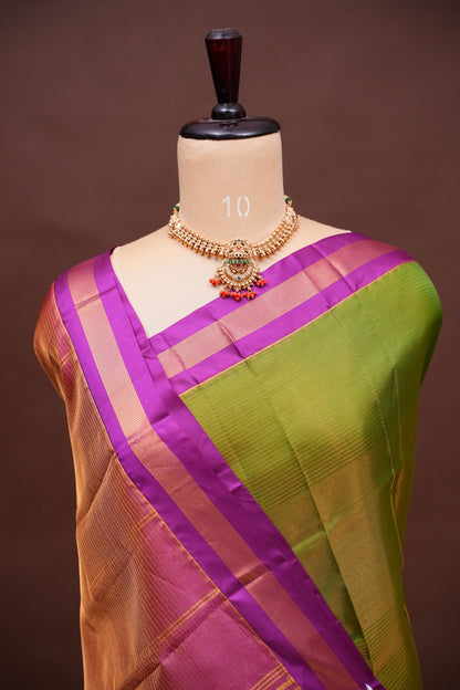 Tissue Silk Cotton Mangalgiri Kuppadam Pattu Saree - Parrot Green and Pink