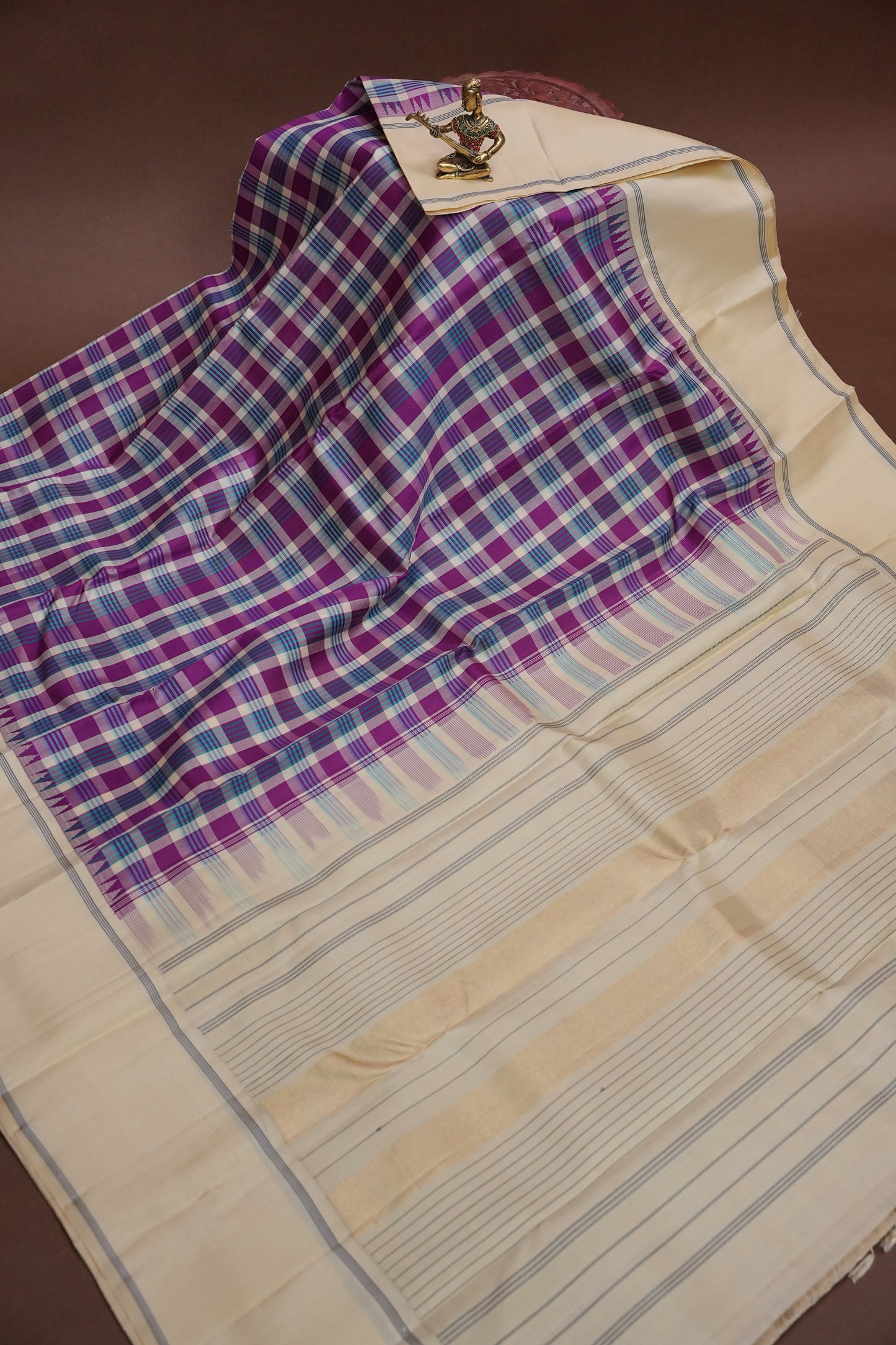 Purple Checks & Off-White Pure Kanchipuram Silk Saree | Silk Mark Certified