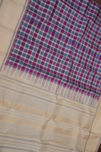 Purple Checks & Off-White Pure Kanchipuram Silk Saree | Silk Mark Certified