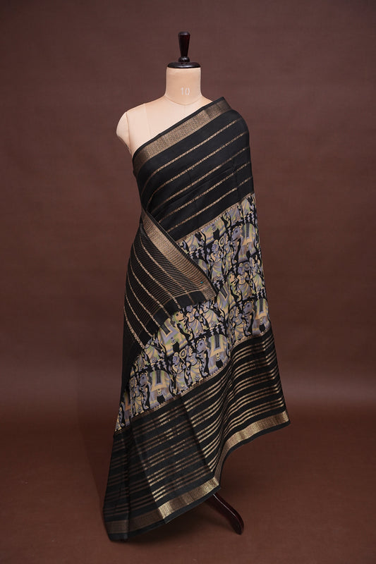 Crepe Silk Saree with Digital Kalamkari Print - Black