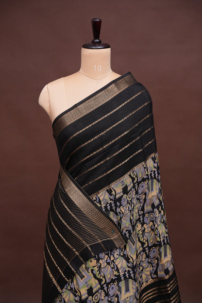 Crepe Silk Saree with Digital Kalamkari Print - Black