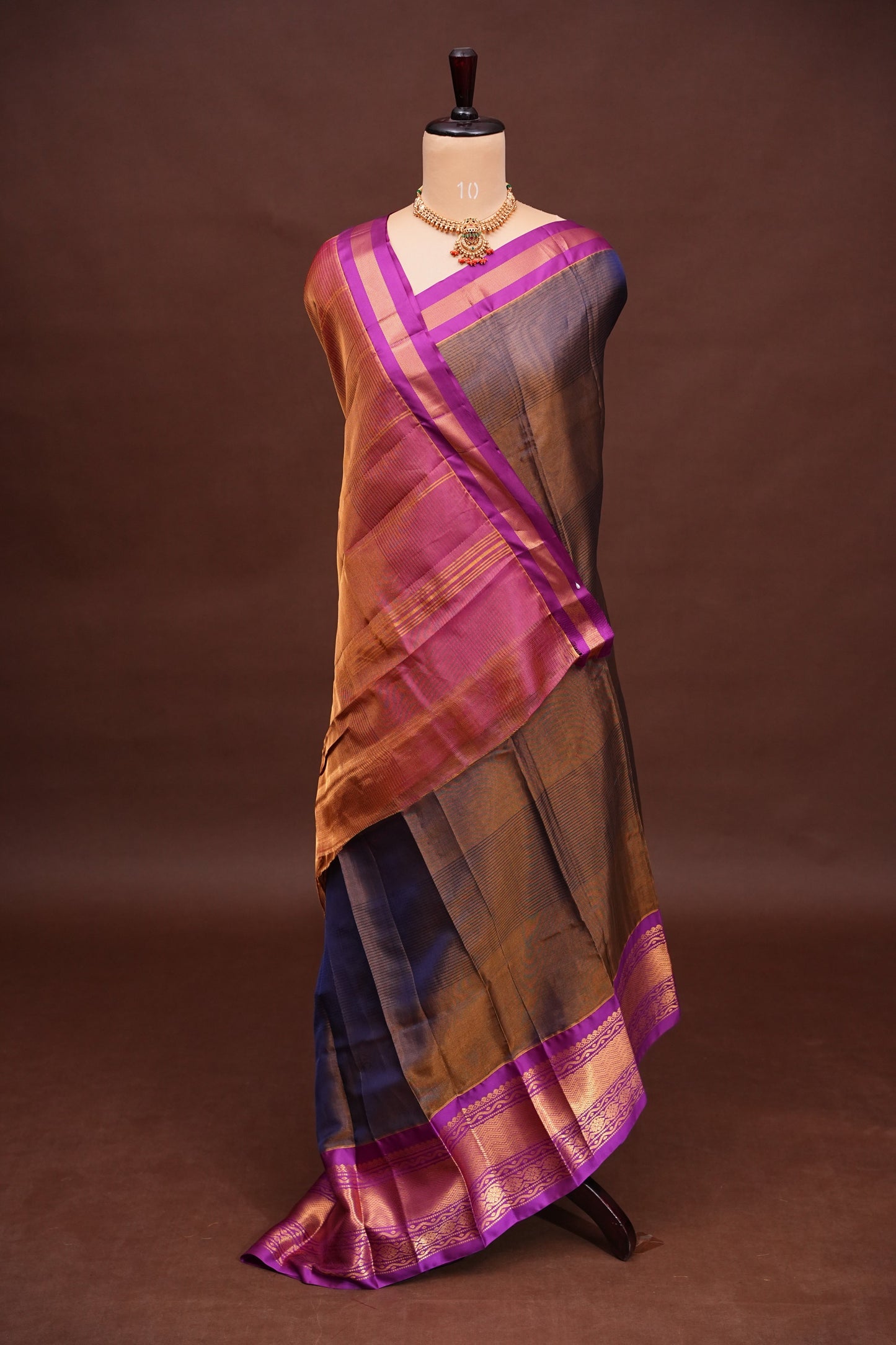 Tissue Silk Cotton Mangalgiri Kuppadam Pattu Saree - Navy Blue & Pink