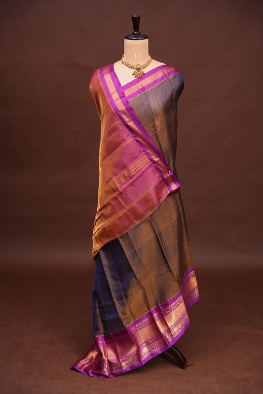 Tissue Silk Cotton Mangalgiri Kuppadam Pattu Saree - Navy Blue & Pink