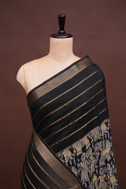 Crepe Silk Saree with Digital Kalamkari Print - Black