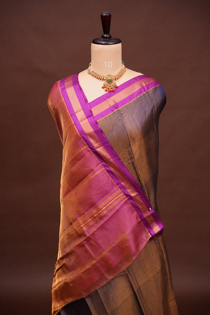 Tissue Silk Cotton Mangalgiri Kuppadam Pattu Saree - Navy Blue & Pink