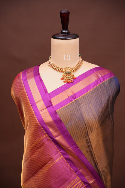 Tissue Silk Cotton Mangalgiri Kuppadam Pattu Saree - Navy Blue & Pink