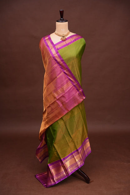 Tissue Silk Cotton Mangalgiri Kuppadam Pattu Saree - Parrot Green and Pink