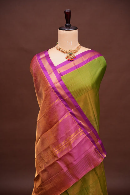 Tissue Silk Cotton Mangalgiri Kuppadam Pattu Saree - Parrot Green and Pink