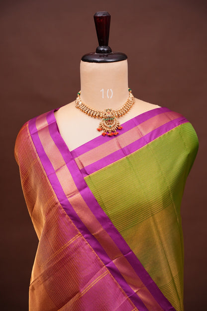 Tissue Silk Cotton Mangalgiri Kuppadam Pattu Saree - Parrot Green and Pink
