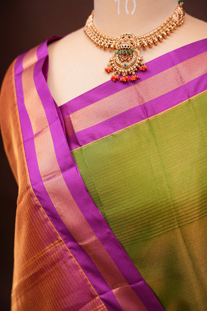 Tissue Silk Cotton Mangalgiri Kuppadam Pattu Saree - Parrot Green and Pink