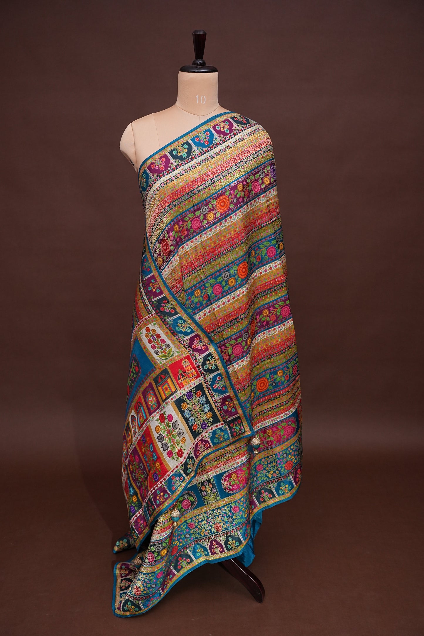 Kashmiri Pashmina Banarasi Story Telling Saree -Multicolor on Teal Blue