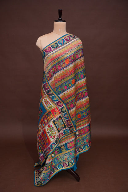 Kashmiri Pashmina Banarasi Story Telling Saree -Multicolor on Teal Blue