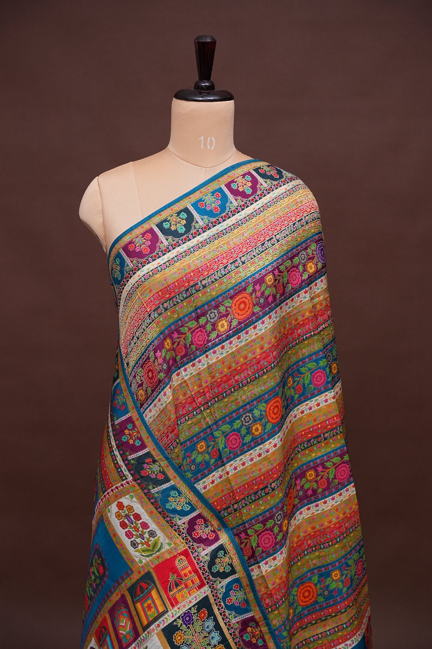 Kashmiri Pashmina Banarasi Story Telling Saree -Multicolor on Teal Blue