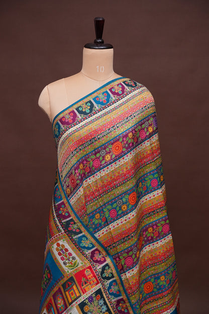 Kashmiri Pashmina Banarasi Story Telling Saree -Multicolor on Teal Blue