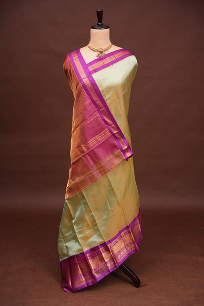 Tissue Silk Cotton Mangalgiri Kuppadam Pattu Saree - Champagne Gold and Pink