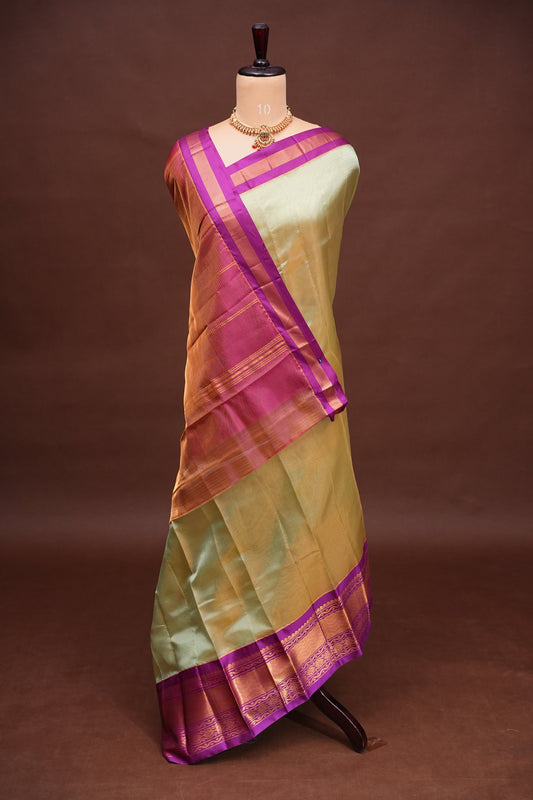 Tissue Silk Cotton Mangalgiri Kuppadam Pattu Saree - Champagne Gold and Pink