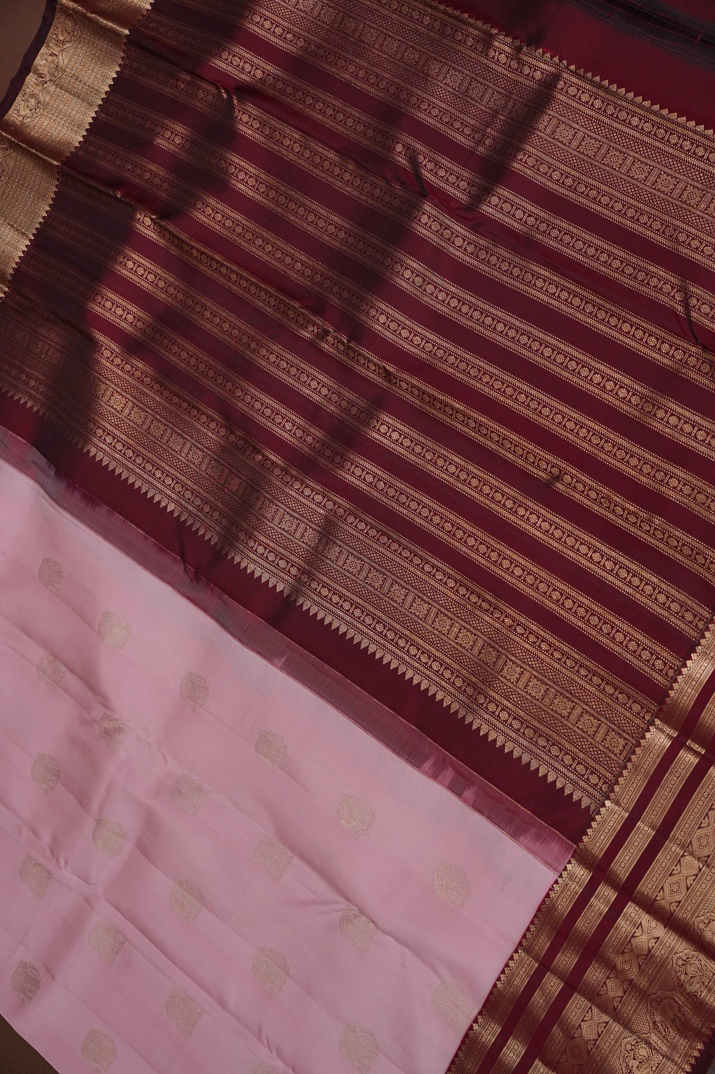 Baby Pink & Wine Pure Kanchipuram Silk Saree | Silk Mark Certified